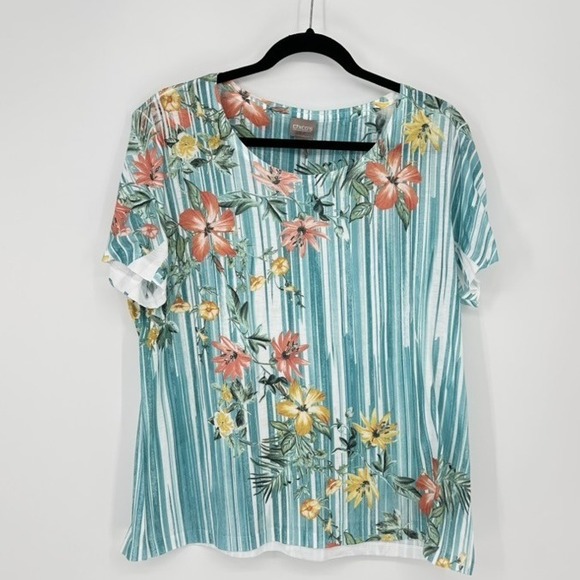 Chico's‎ Floral Print Top Striped Short Sleeve Tee Size 2/L/12 - Picture 1 of 8